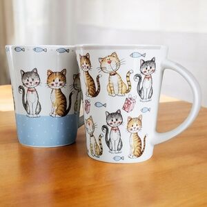Casa Signature Cat-Themed Ceramic Mug Set Of 2 White and Blue